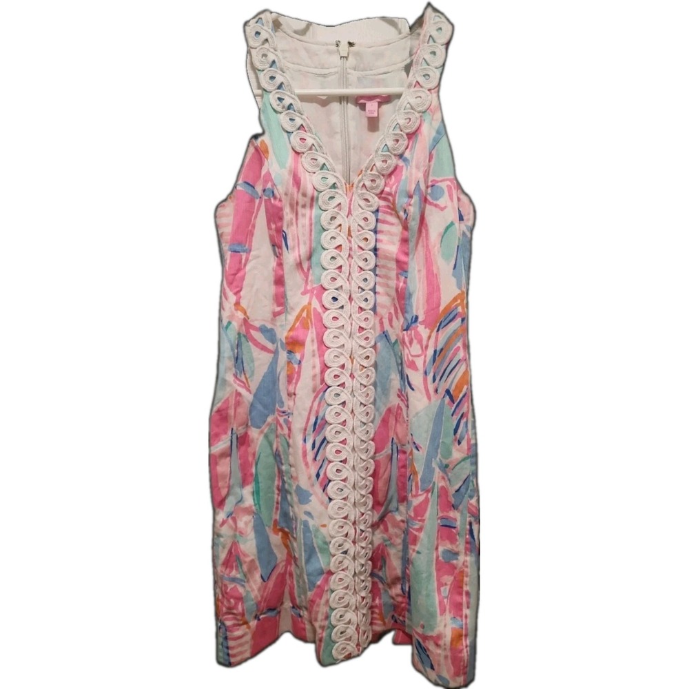 Lilly Pulitzer Lynn Shift Dress In Out To Sea Pattern Pink Blue, V-Neck Size 2